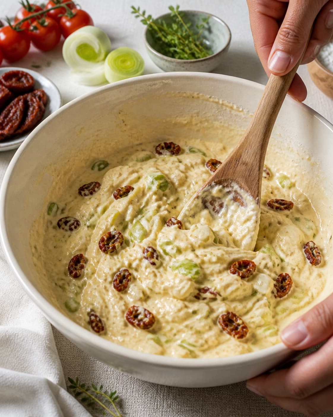 The batter or dough for vegetarisk tærte med porrer og soltørrede tomater being gently combined under tilberedningen af vegetarisk tærte med porrer og soltørrede tomater