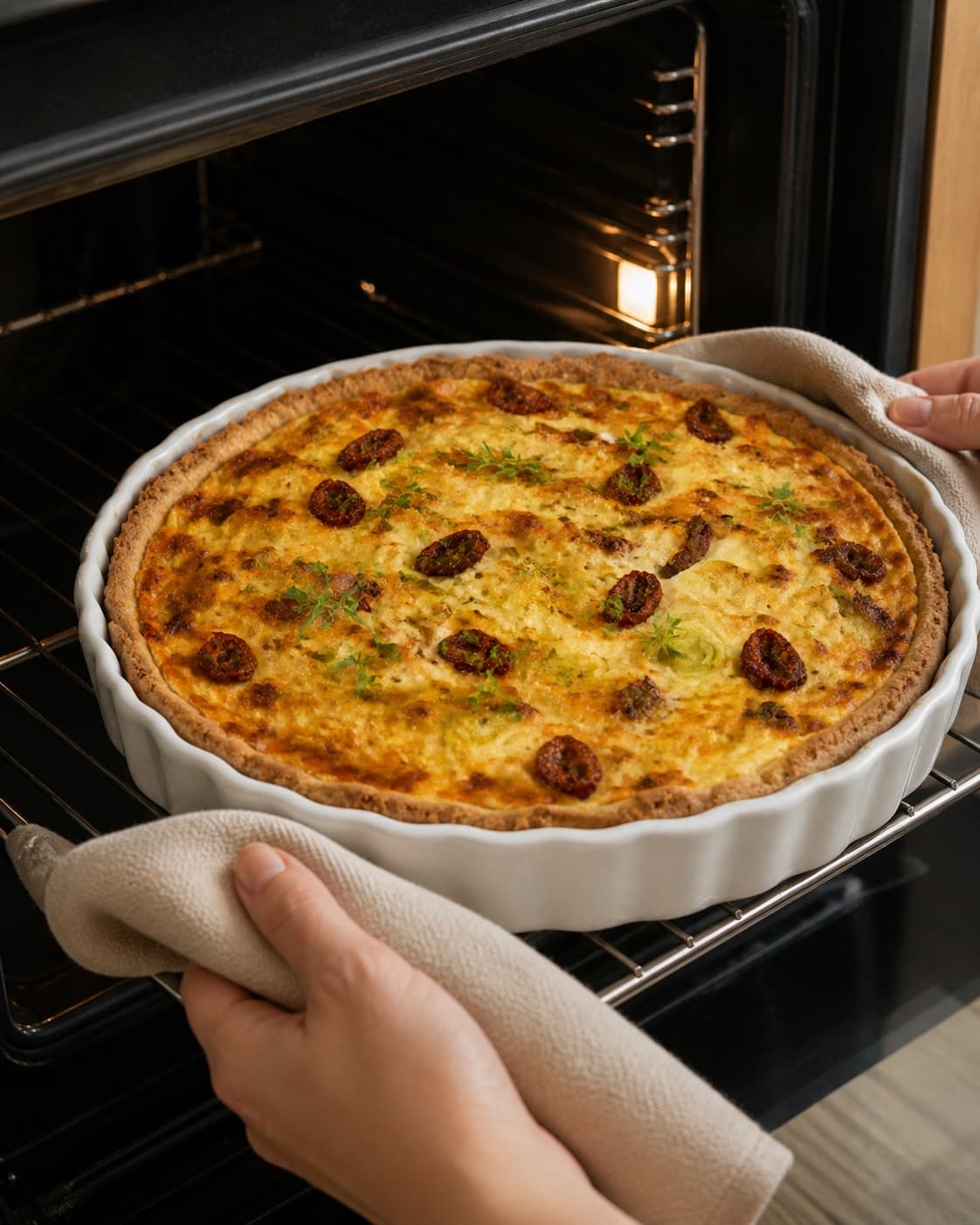 vegetarisk tærte med porrer og soltørrede tomater baking until golden with a visibly set centre under tilberedningen af vegetarisk tærte med porrer og soltørrede tomater