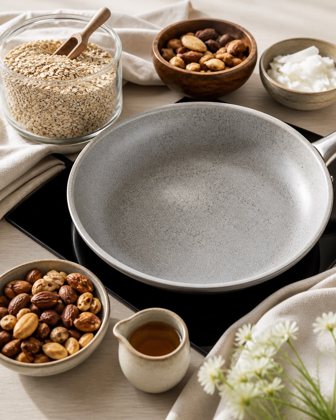 Mise en place for sprød hjemmelavet müsli på panden with grove havregryn, blandede nødder, honning, kokosolie under tilberedningen af sprød hjemmelavet müsli på panden