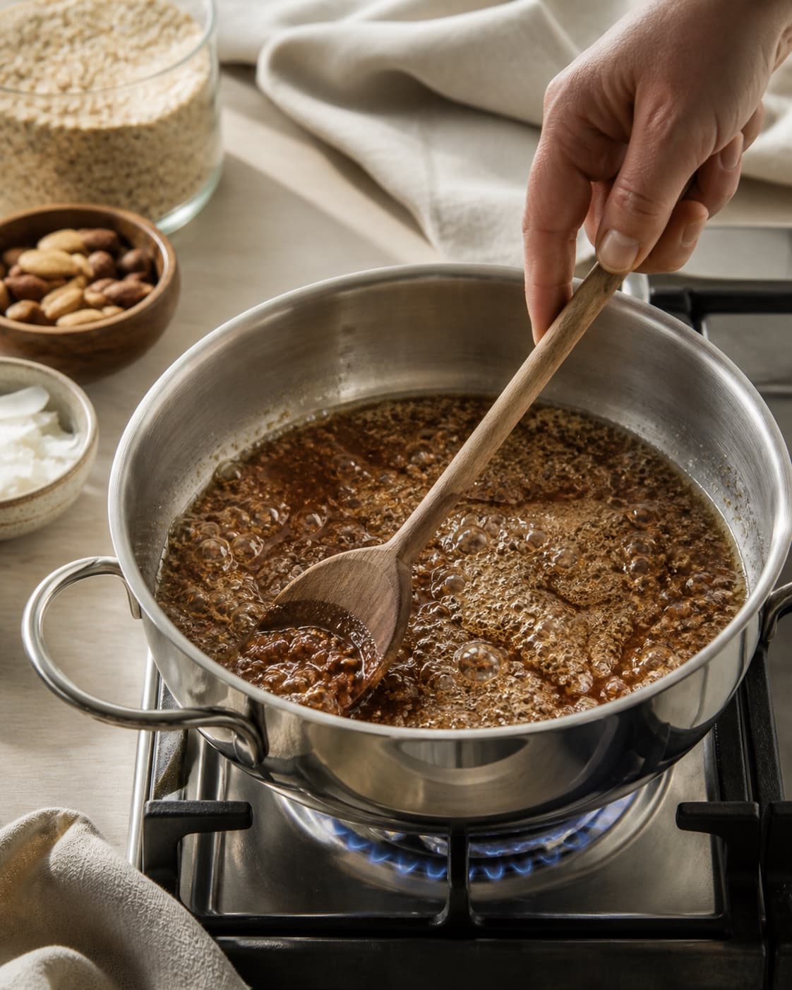 Aromatic base for sprød hjemmelavet müsli på panden gently cooking in a pot under tilberedningen af sprød hjemmelavet müsli på panden