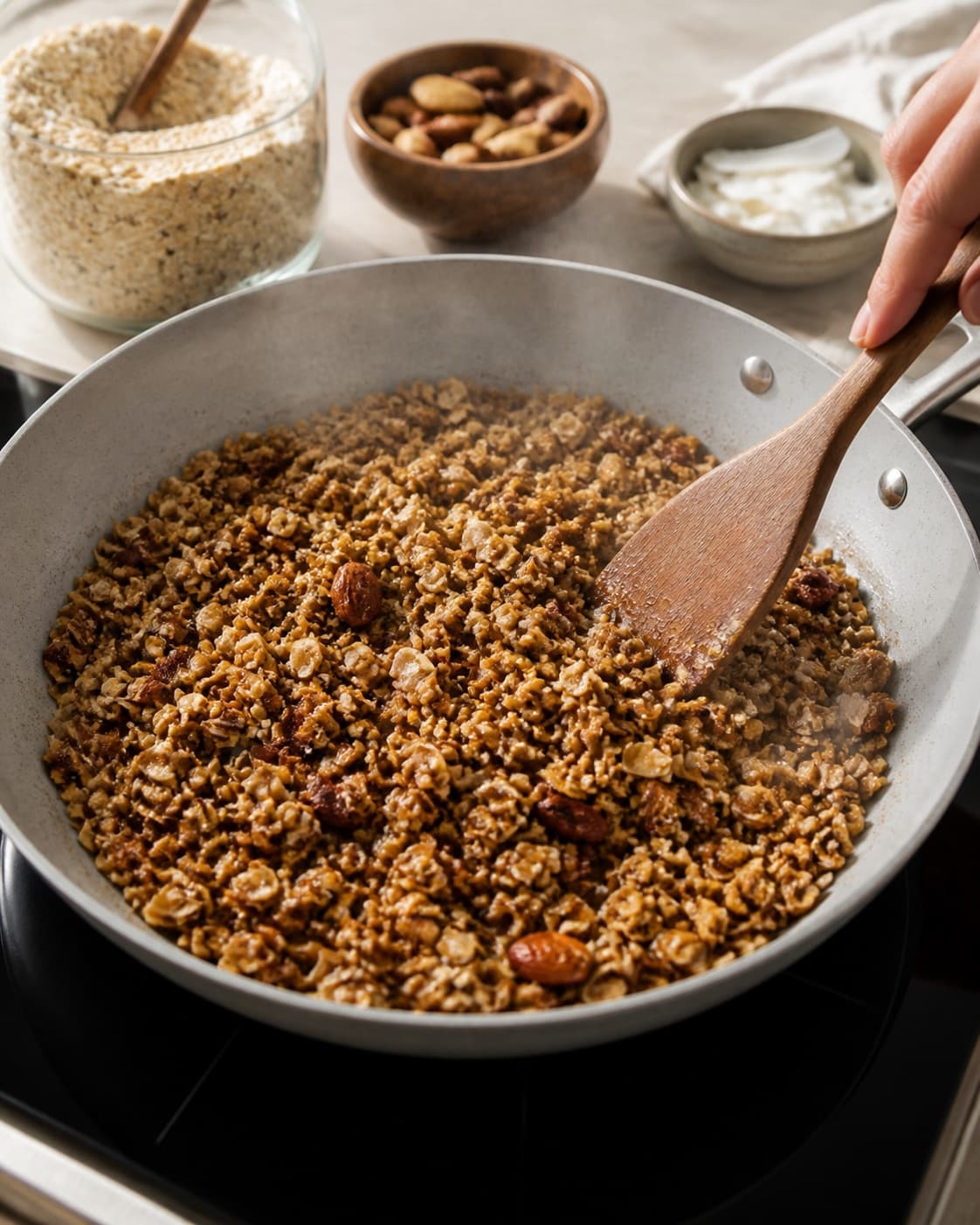 sprød hjemmelavet müsli på panden gently simmering with visible ingredients under tilberedningen af sprød hjemmelavet müsli på panden