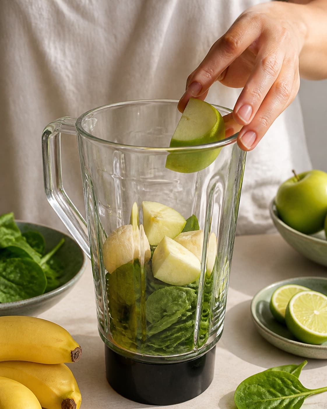 Fresh flavour ingredients for grøn smoothie på 5 minutter prepared with frisk spinat, modne bananer, syrlige æbler, økologisk lime under tilberedningen af grøn smoothie på 5 minutter