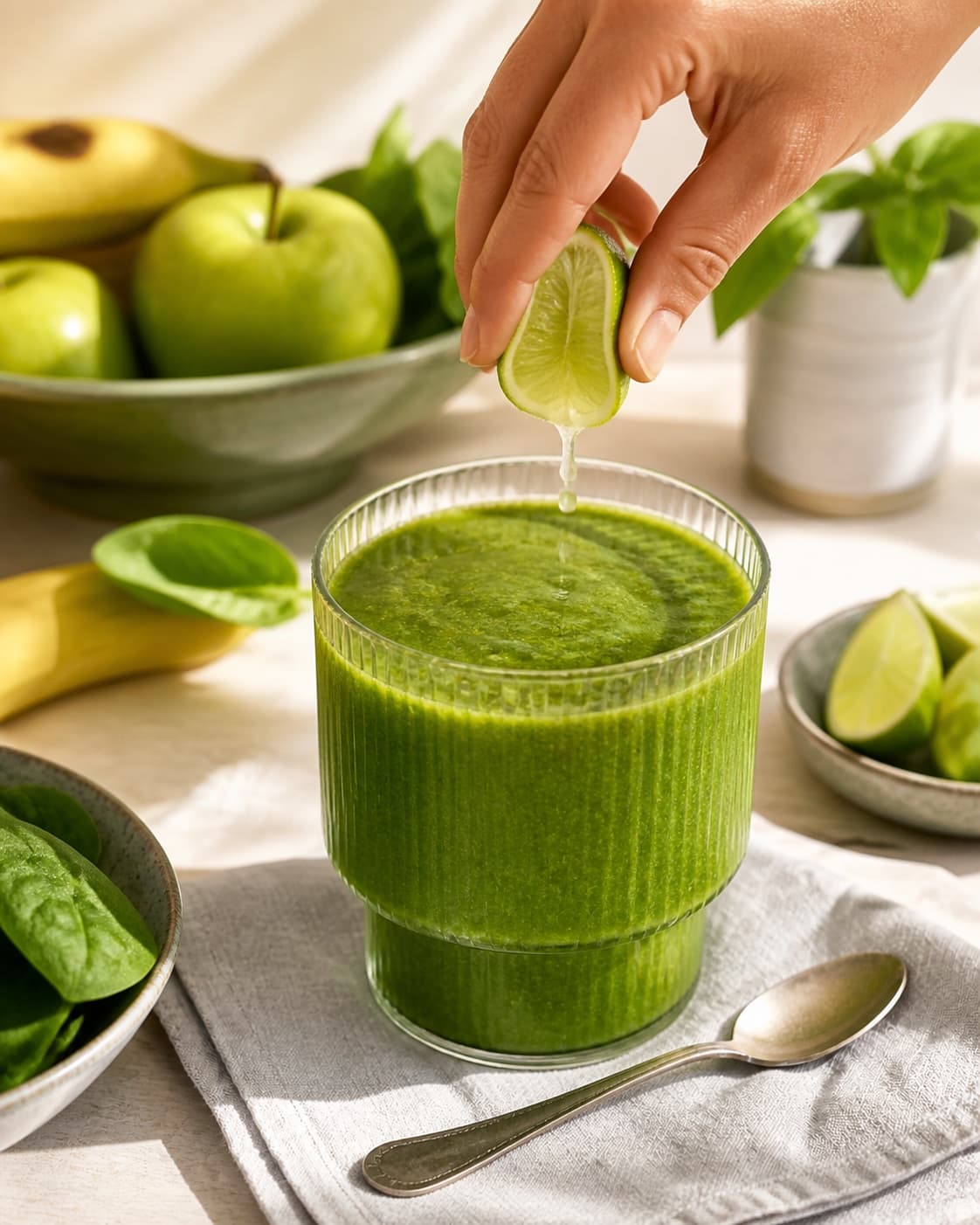 The flavour balance of grøn smoothie på 5 minutter being adjusted under tilberedningen af grøn smoothie på 5 minutter