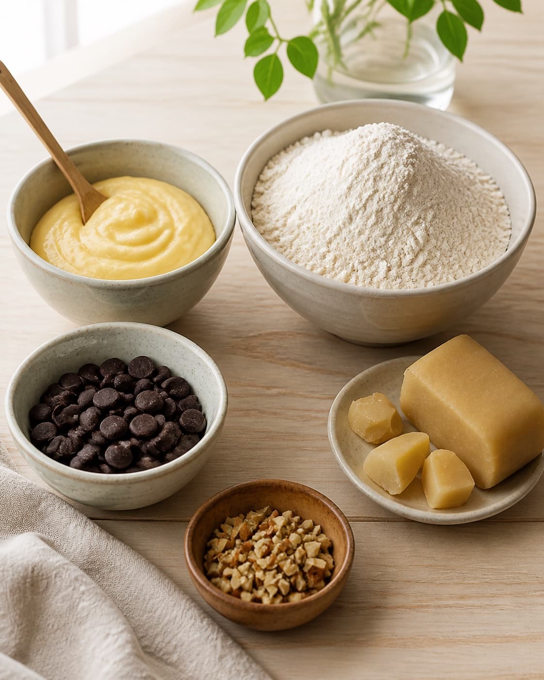Measured ingredients for fastelavnsboller med chokolade, creme og marcipan arranged separately with vaniljecreme, mørk chokolade, marcipan, hvedemel under tilberedningen af fastelavnsboller med chokolade, creme og marcipan