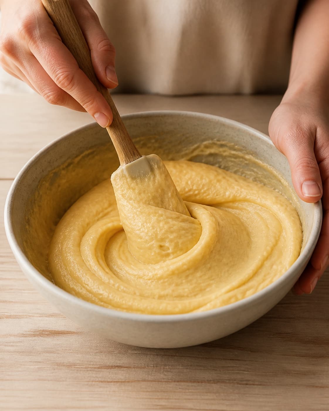 The batter or dough for fastelavnsboller med chokolade, creme og marcipan being gently combined under tilberedningen af fastelavnsboller med chokolade, creme og marcipan