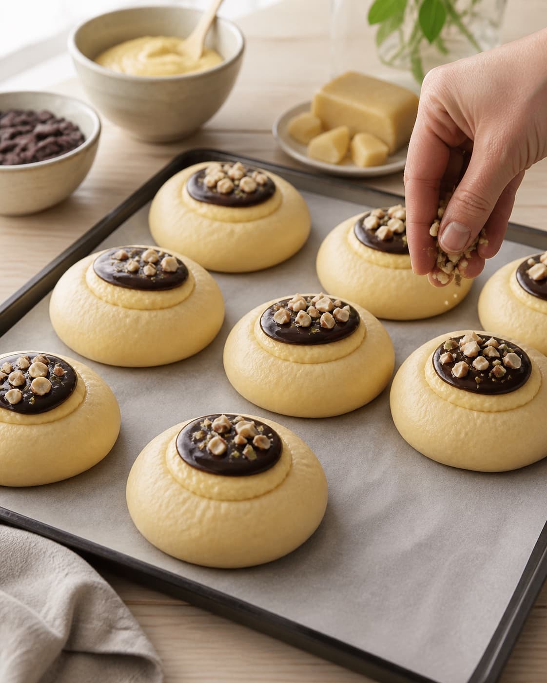 fastelavnsboller med chokolade, creme og marcipan being portioned evenly before baking under tilberedningen af fastelavnsboller med chokolade, creme og marcipan
