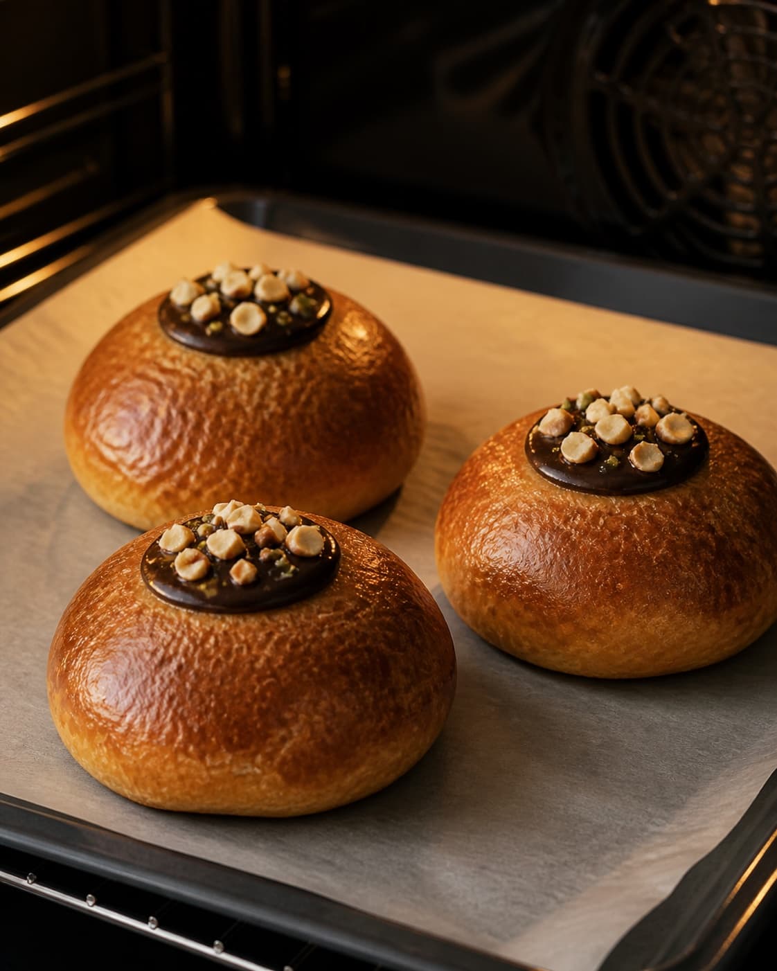 fastelavnsboller med chokolade, creme og marcipan baking until golden with a visibly set centre under tilberedningen af fastelavnsboller med chokolade, creme og marcipan