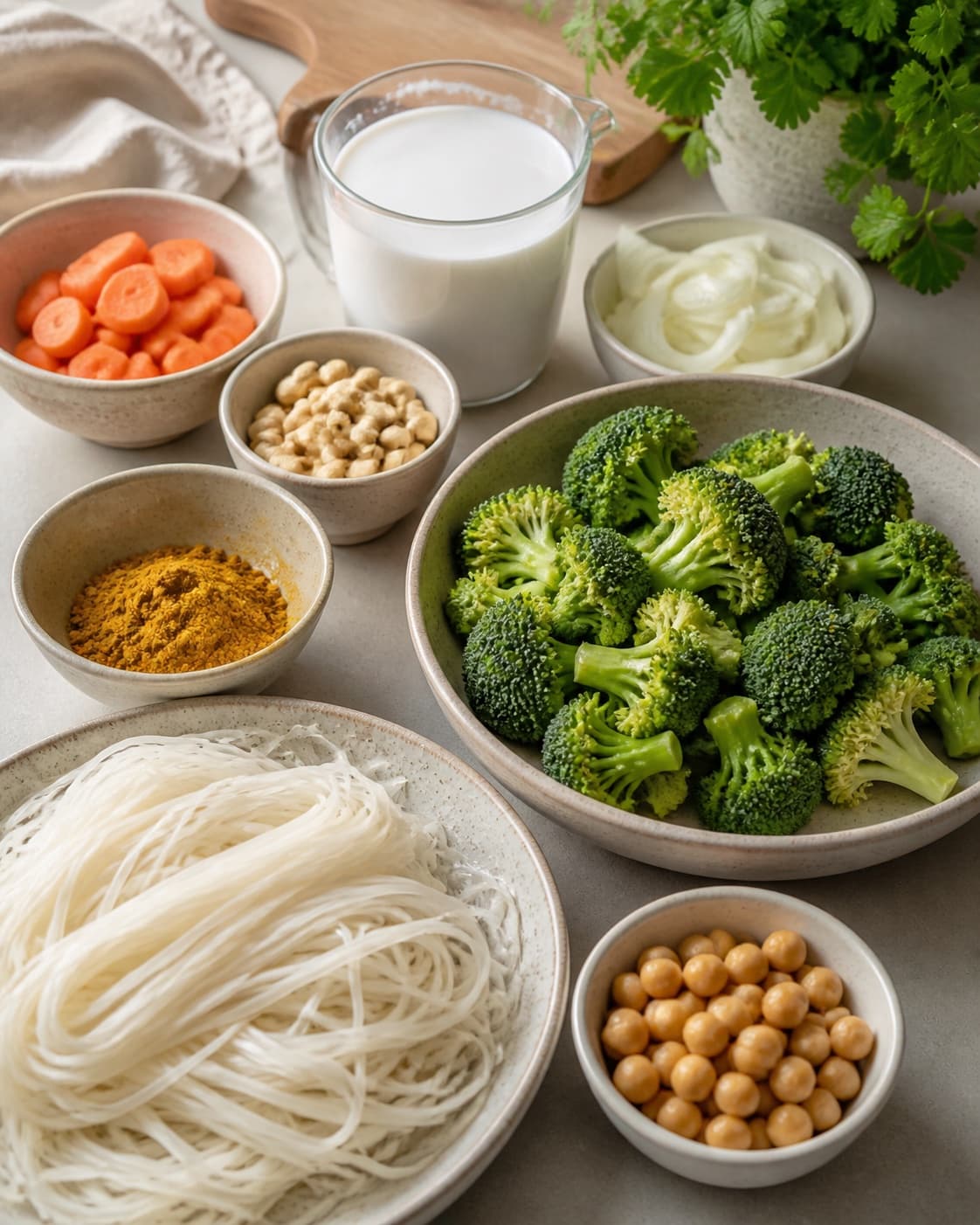 Mise en place for one pot nudler i cremet karrysauce med grønt with risnudler, kokosmælk, karryblanding, broccoli under tilberedningen af one pot nudler i cremet karrysauce med grønt