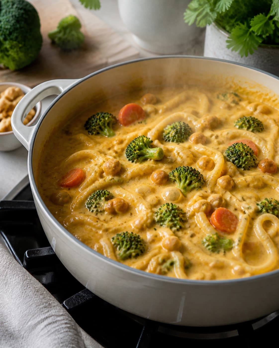 one pot nudler i cremet karrysauce med grønt gently simmering with visible ingredients under tilberedningen af one pot nudler i cremet karrysauce med grønt