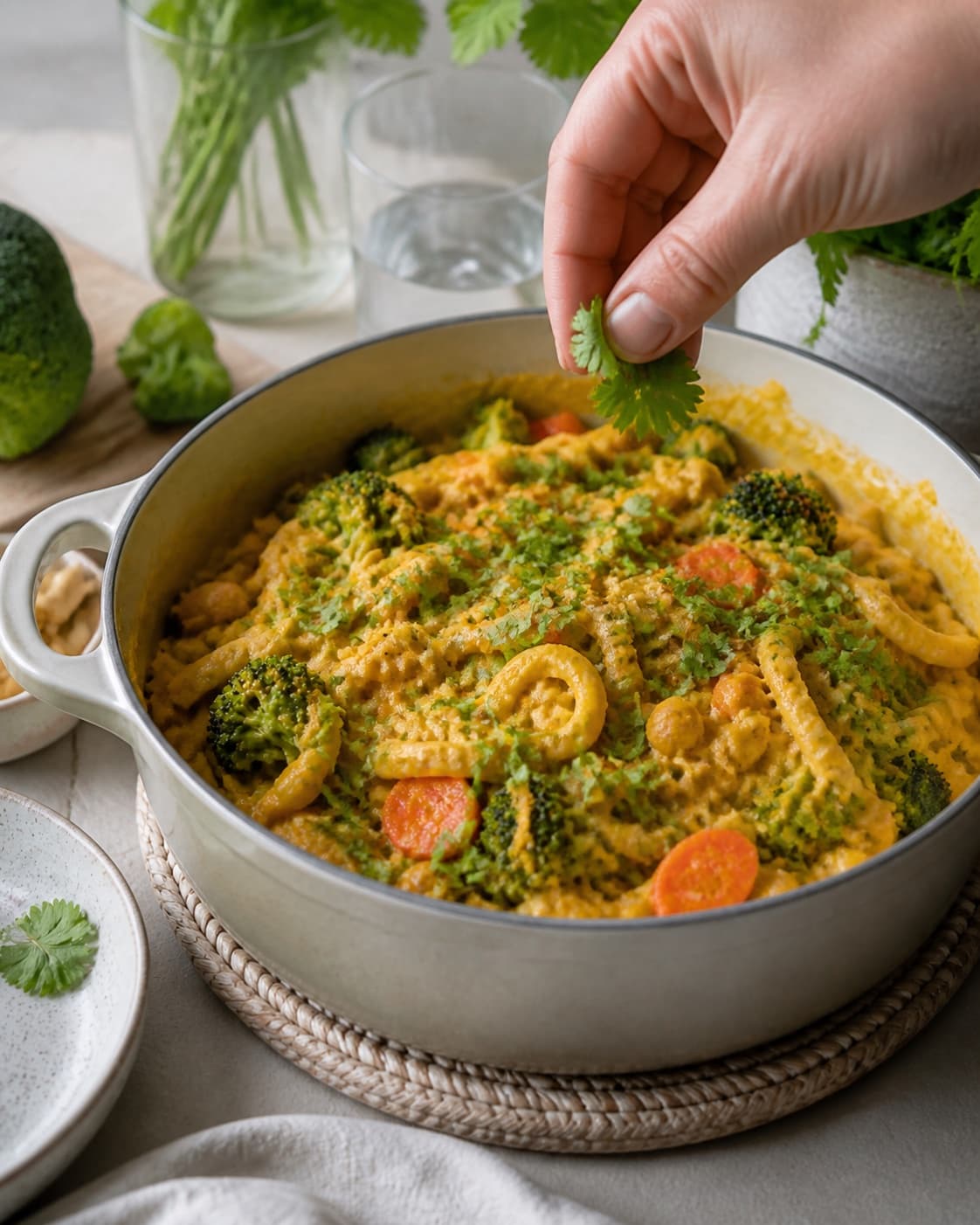 Finished one pot nudler i cremet karrysauce med grønt being served with a fresh restrained garnish under tilberedningen af one pot nudler i cremet karrysauce med grønt