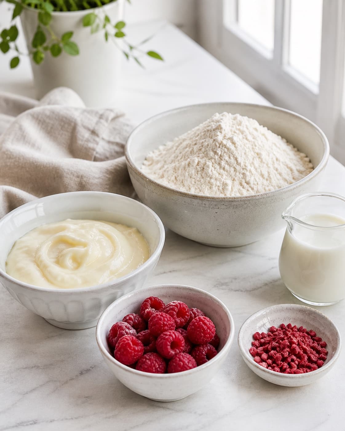 Measured ingredients for gammeldags fastelavnsboller med vaniljecreme og hindbær arranged separately with vaniljecreme, hindbær, hvedemel, sødmælk under tilberedningen af gammeldags fastelavnsboller med vaniljecreme og hindbær