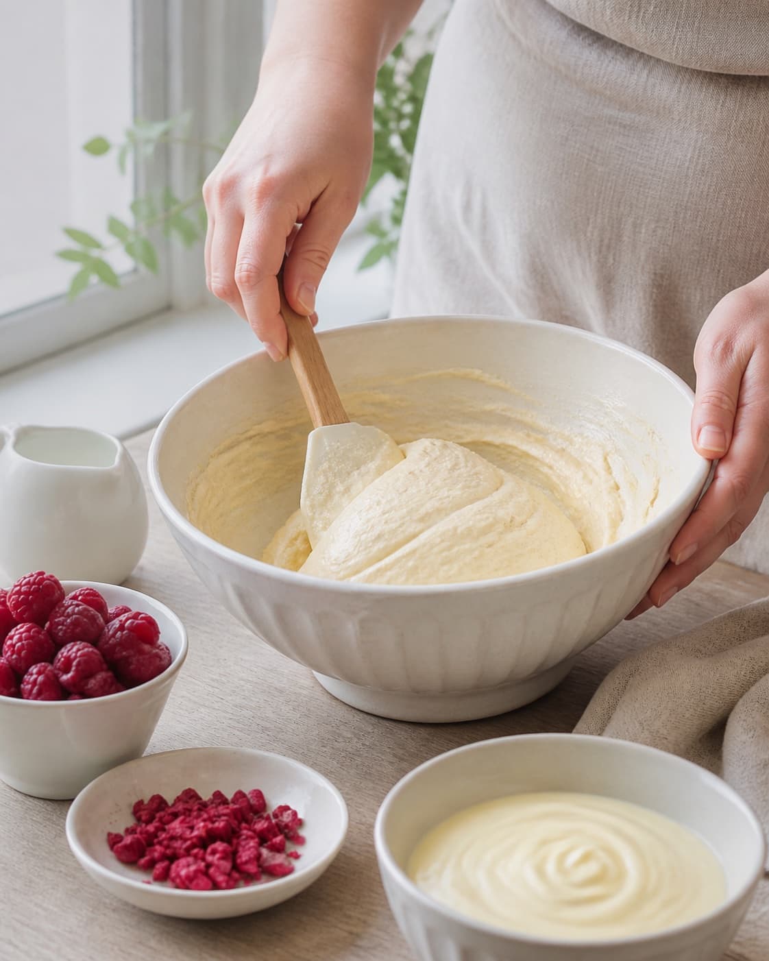 The batter or dough for gammeldags fastelavnsboller med vaniljecreme og hindbær being gently combined under tilberedningen af gammeldags fastelavnsboller med vaniljecreme og hindbær