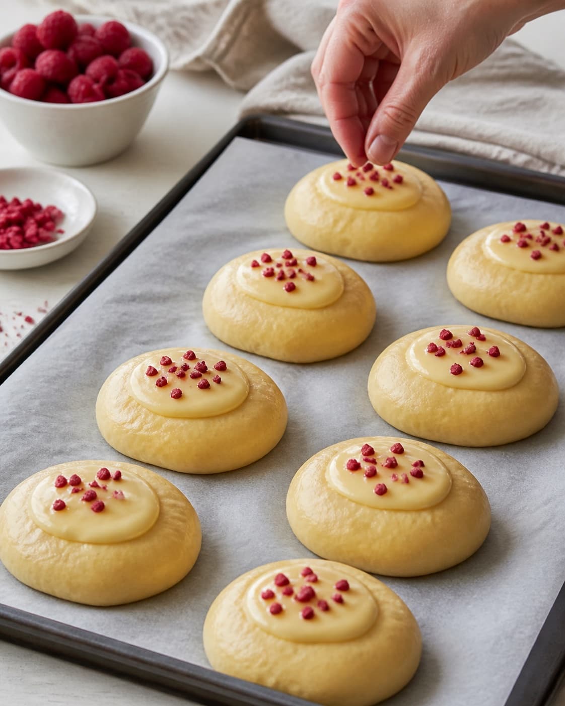 gammeldags fastelavnsboller med vaniljecreme og hindbær being portioned evenly before baking under tilberedningen af gammeldags fastelavnsboller med vaniljecreme og hindbær