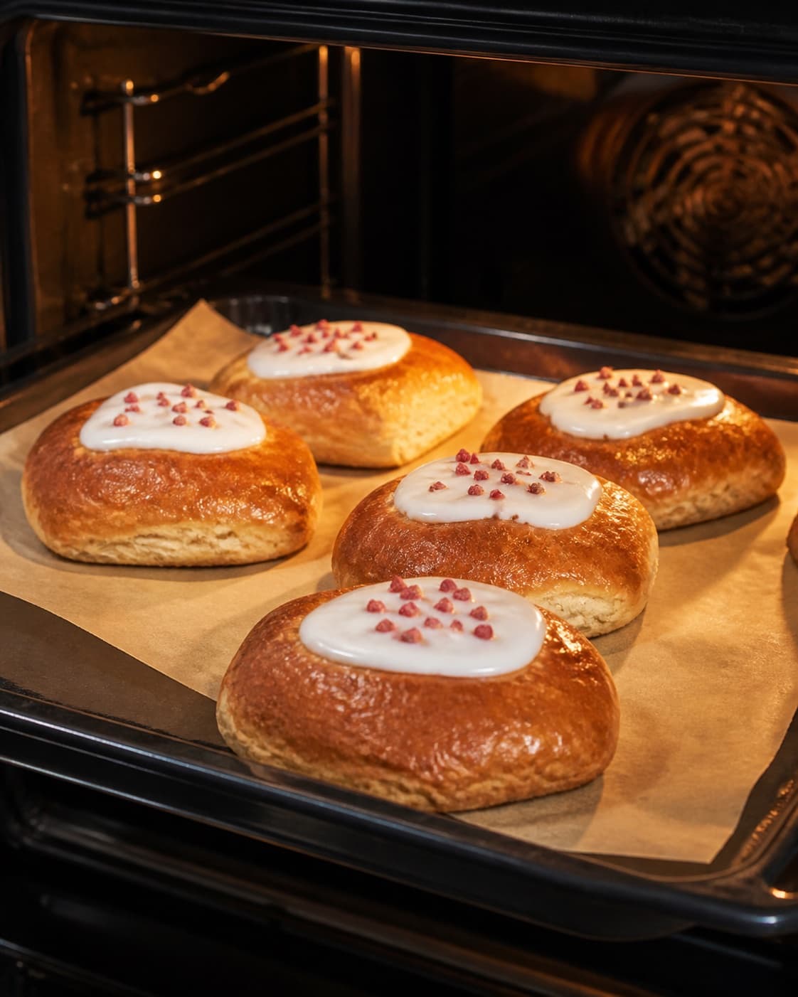 gammeldags fastelavnsboller med vaniljecreme og hindbær baking until golden with a visibly set centre under tilberedningen af gammeldags fastelavnsboller med vaniljecreme og hindbær