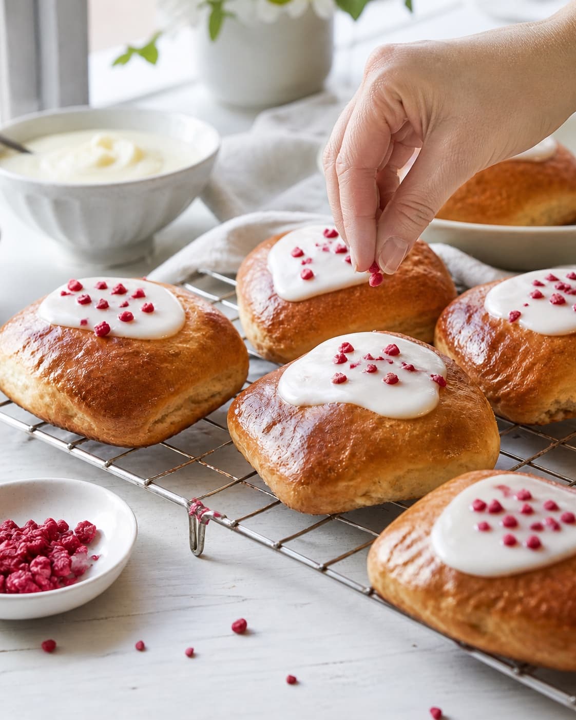 Finished gammeldags fastelavnsboller med vaniljecreme og hindbær receiving its final garnish after cooling under tilberedningen af gammeldags fastelavnsboller med vaniljecreme og hindbær