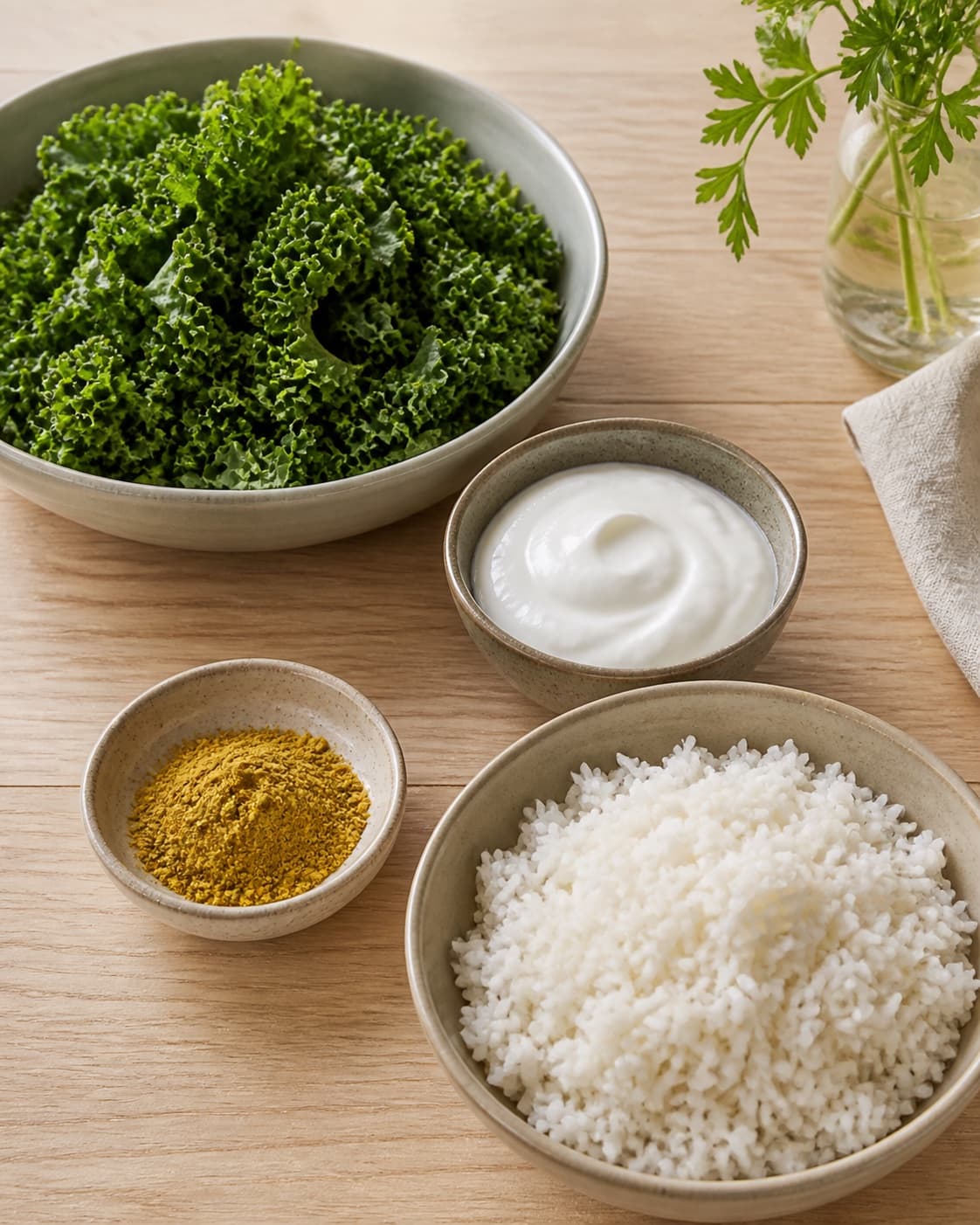 Mise en place for cremet rissalat med grønkål og karrydressing with kogte ris, grønkål, græsk yoghurt, karryblanding under tilberedningen af cremet rissalat med grønkål og karrydressing