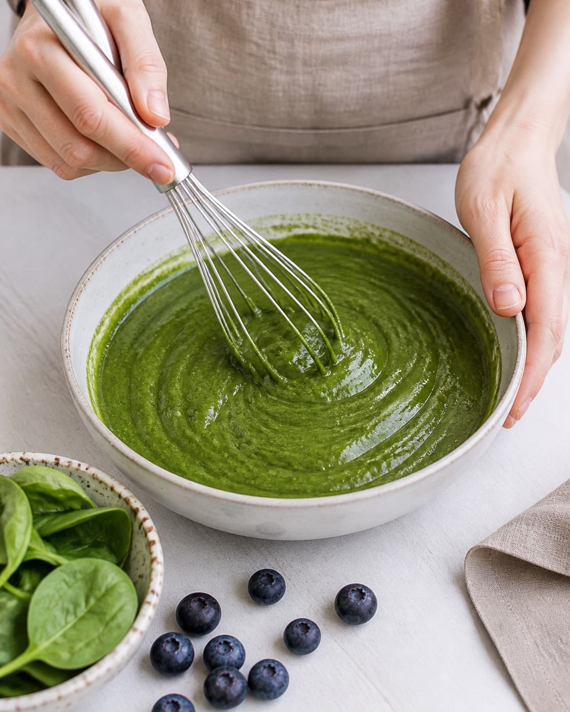Dressing for smoothie bowl med blåbær og spinat being whisked until glossy under tilberedningen af smoothie bowl med blåbær og spinat