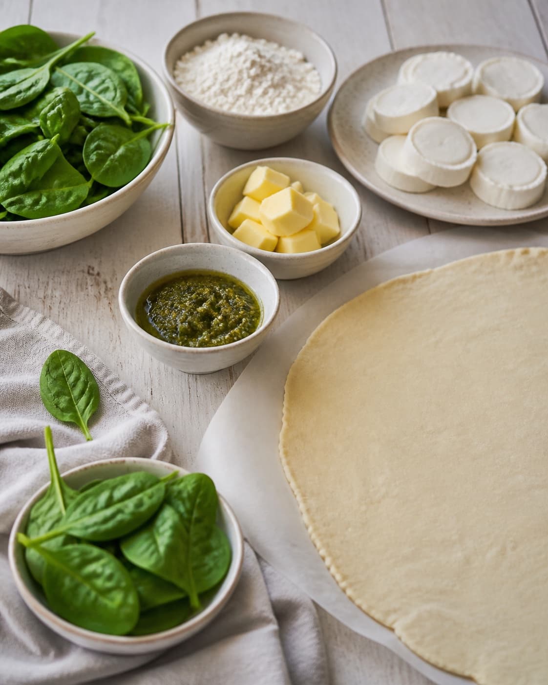 Mise en place for galette med spinat, gedeost og pesto with hvedemel, smør, frisk spinat, gedeost under tilberedningen af galette med spinat, gedeost og pesto