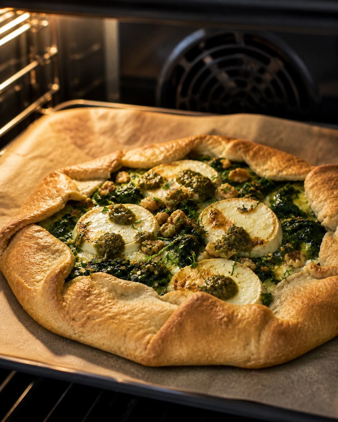 galette med spinat, gedeost og pesto gently simmering with visible ingredients under tilberedningen af galette med spinat, gedeost og pesto