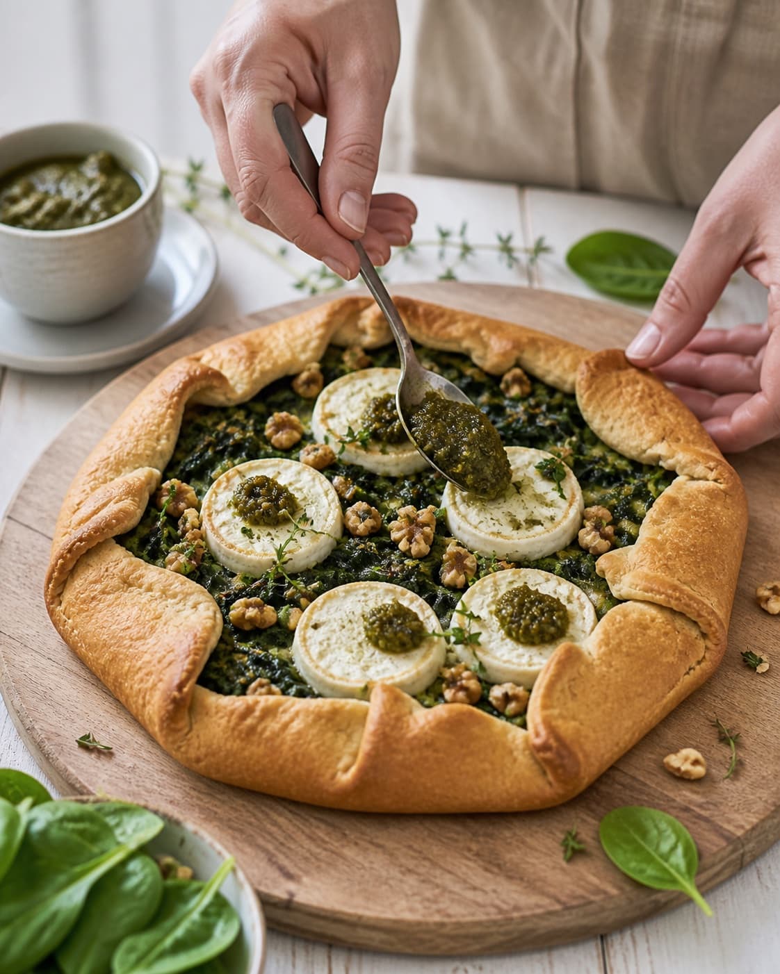 The texture of galette med spinat, gedeost og pesto being adjusted in the pot under tilberedningen af galette med spinat, gedeost og pesto