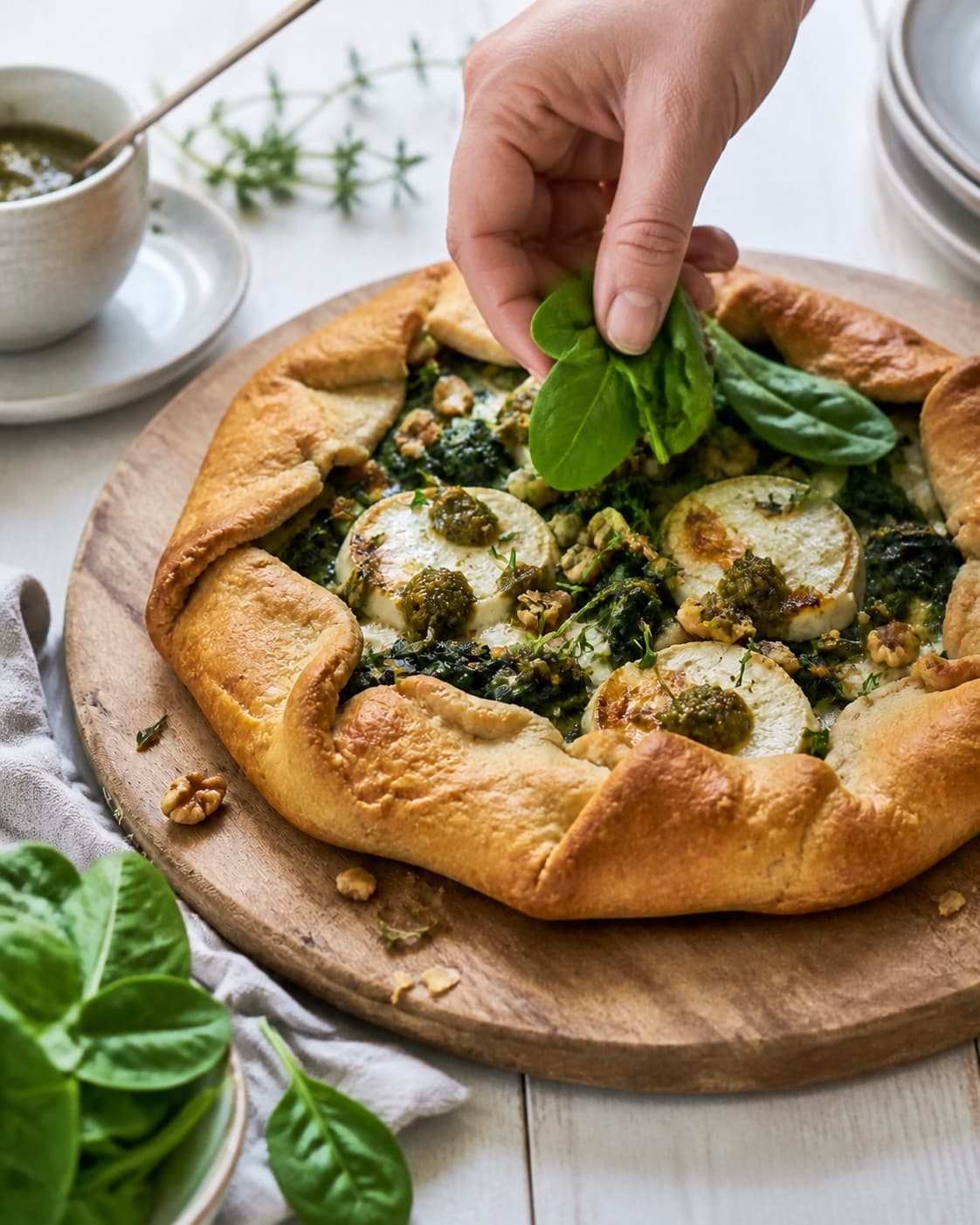 Finished galette med spinat, gedeost og pesto being served with a fresh restrained garnish under tilberedningen af galette med spinat, gedeost og pesto
