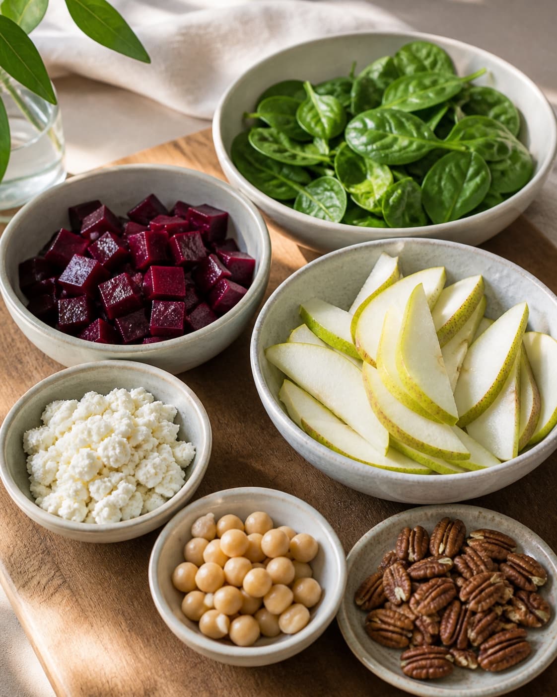 Clean prepared ingredients for pæresalat med feta, valnødder og rødbede with modne pærer, feta, valnødder, rødbeder under tilberedningen af pæresalat med feta, valnødder og rødbede