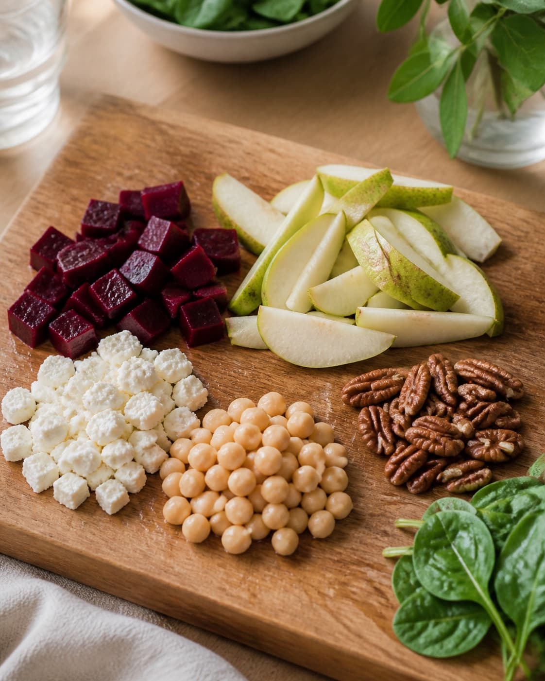 Ingredients for pæresalat med feta, valnødder og rødbede being cut into even pieces under tilberedningen af pæresalat med feta, valnødder og rødbede