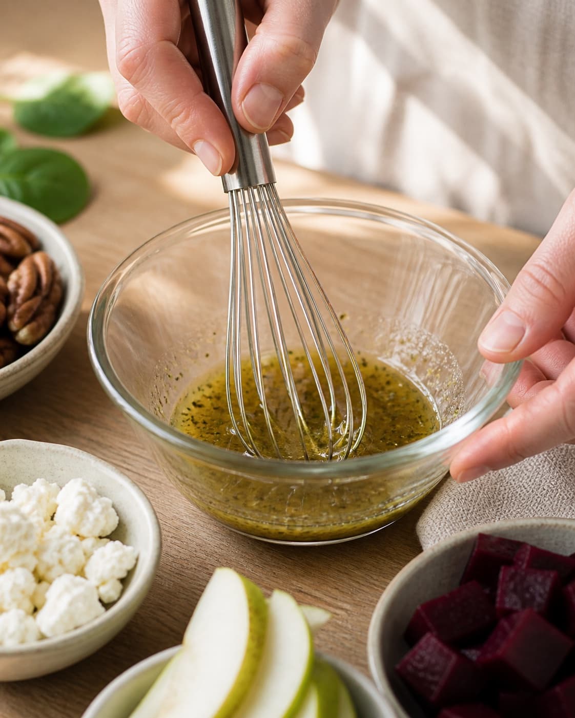 Dressing for pæresalat med feta, valnødder og rødbede being whisked until glossy under tilberedningen af pæresalat med feta, valnødder og rødbede