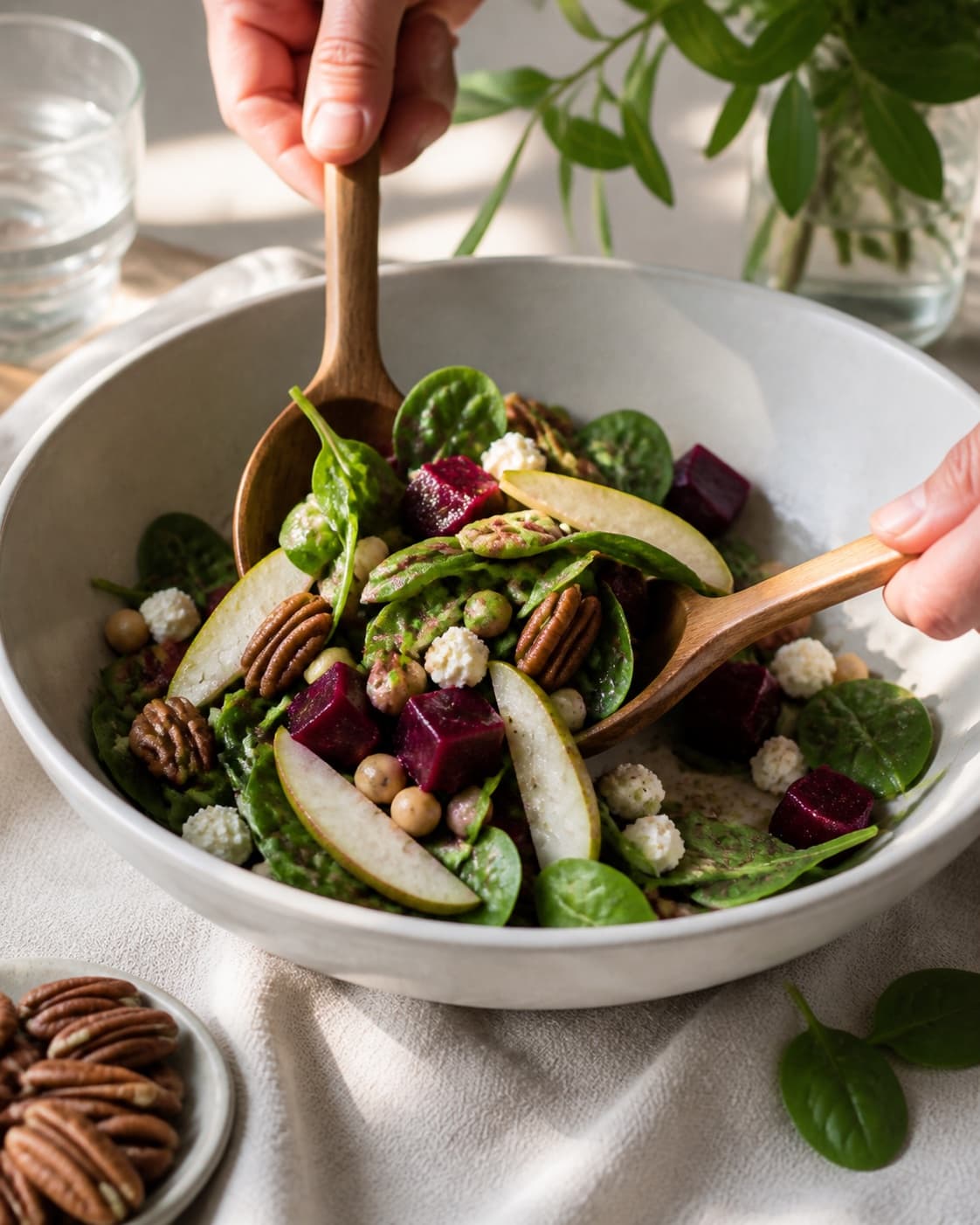 pæresalat med feta, valnødder og rødbede being gently combined without crushing the ingredients under tilberedningen af pæresalat med feta, valnødder og rødbede