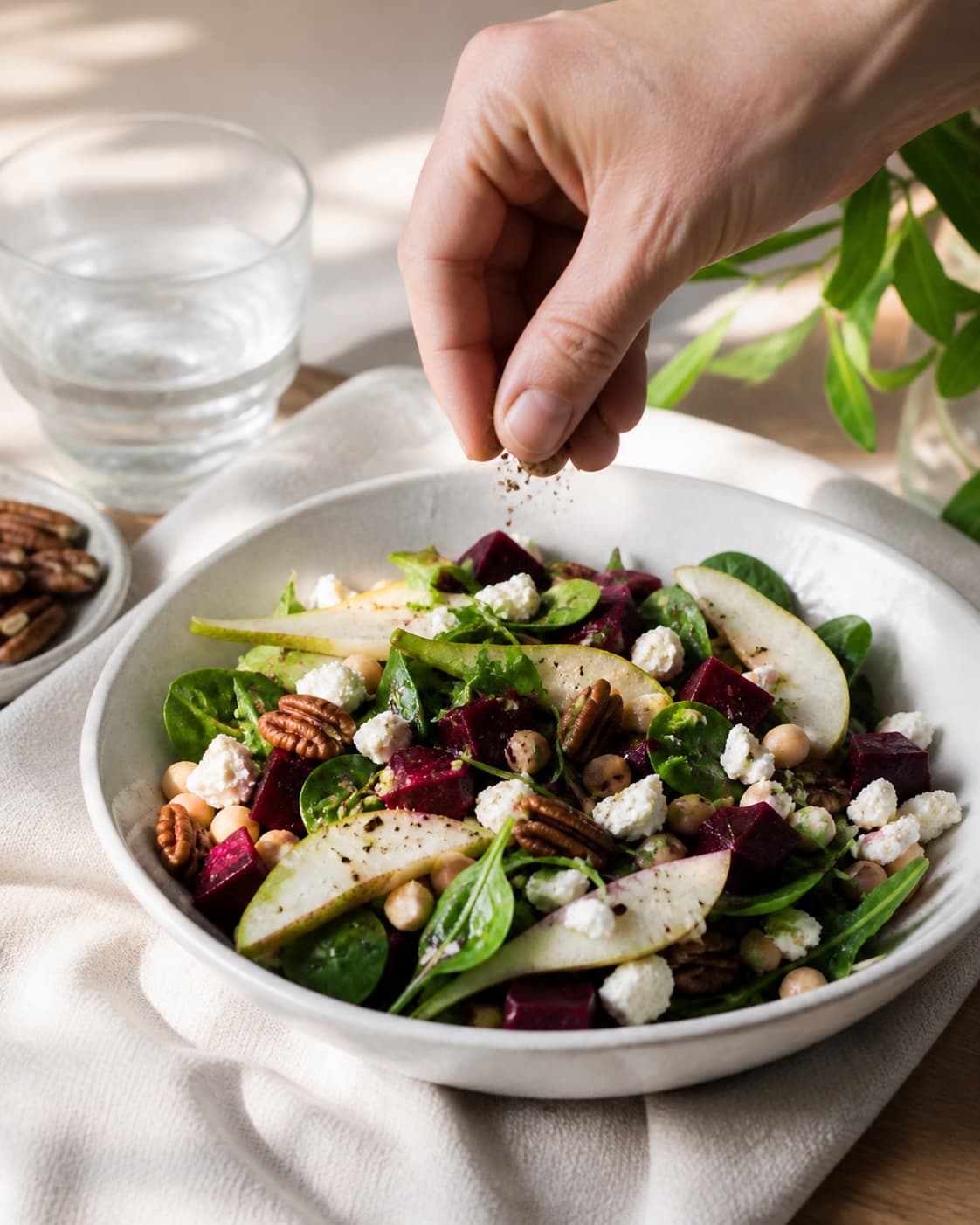 Fresh finished pæresalat med feta, valnødder og rødbede receiving its final garnish under tilberedningen af pæresalat med feta, valnødder og rødbede