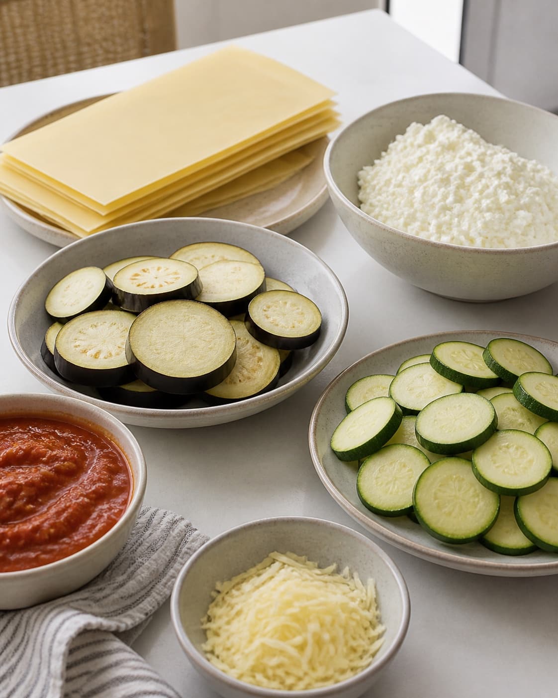Mise en place for grøntsagslasagne med hytteost – helt uden kød with lasagneplader, hytteost, squash, auberginer under tilberedningen af grøntsagslasagne med hytteost – helt uden kød