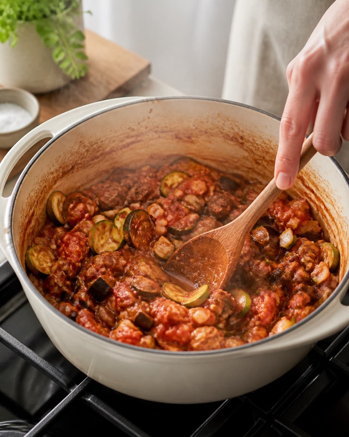 Aromatic base for grøntsagslasagne med hytteost – helt uden kød gently cooking in a pot under tilberedningen af grøntsagslasagne med hytteost – helt uden kød