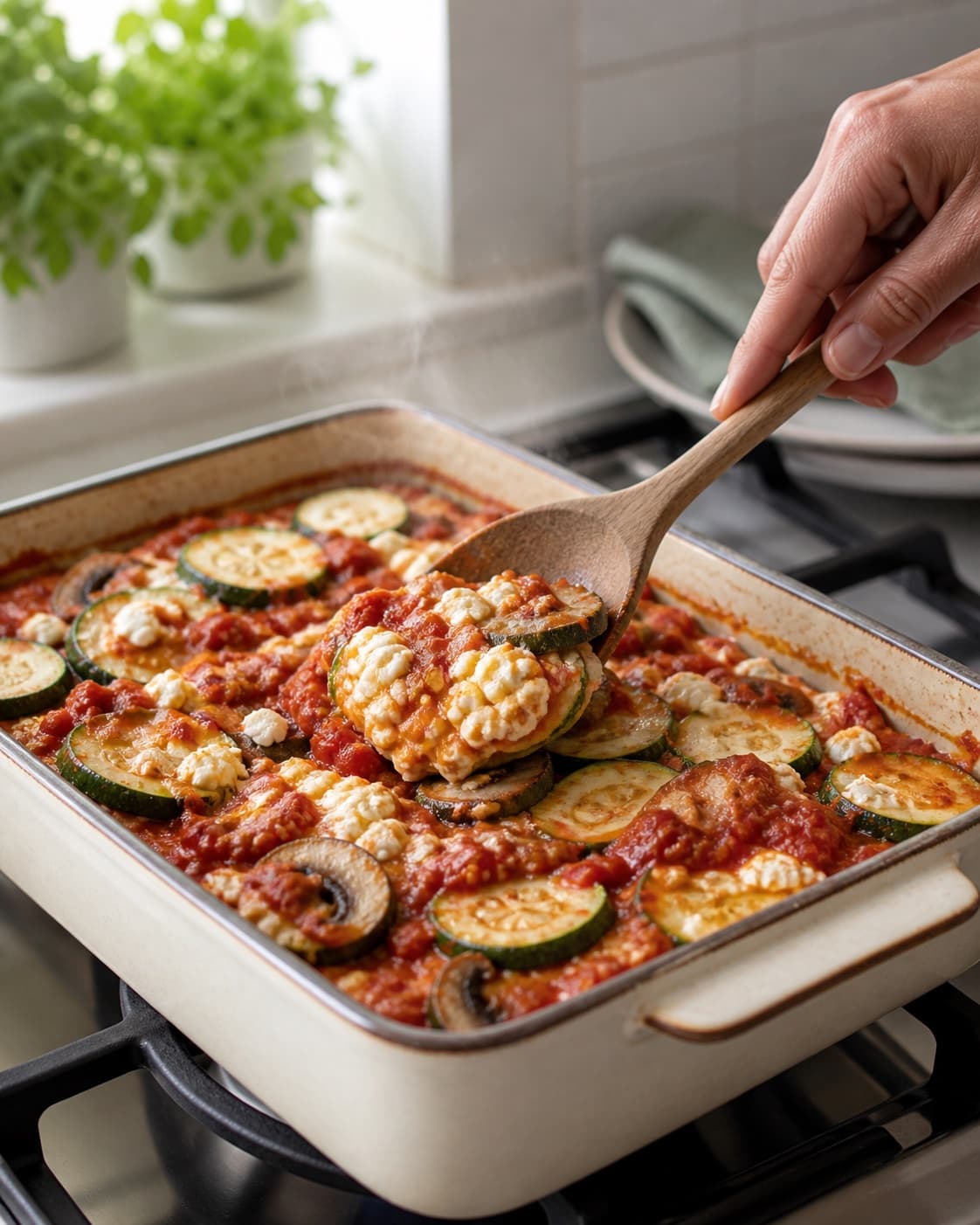 grøntsagslasagne med hytteost – helt uden kød gently simmering with visible ingredients under tilberedningen af grøntsagslasagne med hytteost – helt uden kød