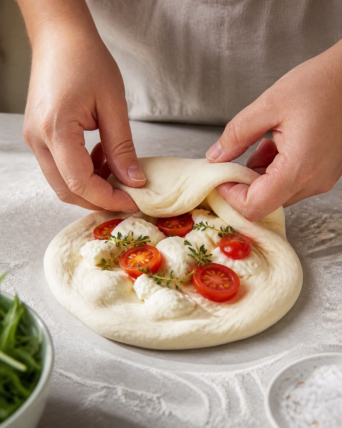Hands gently folding elastic dough for mini foccaciabrød med mozzarella og tomat under tilberedningen af mini foccaciabrød med mozzarella og tomat