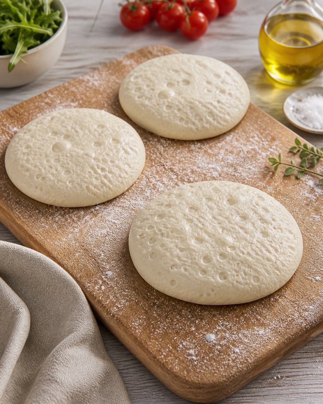 Proofed airy dough for mini foccaciabrød med mozzarella og tomat with visible fermentation bubbles under tilberedningen af mini foccaciabrød med mozzarella og tomat