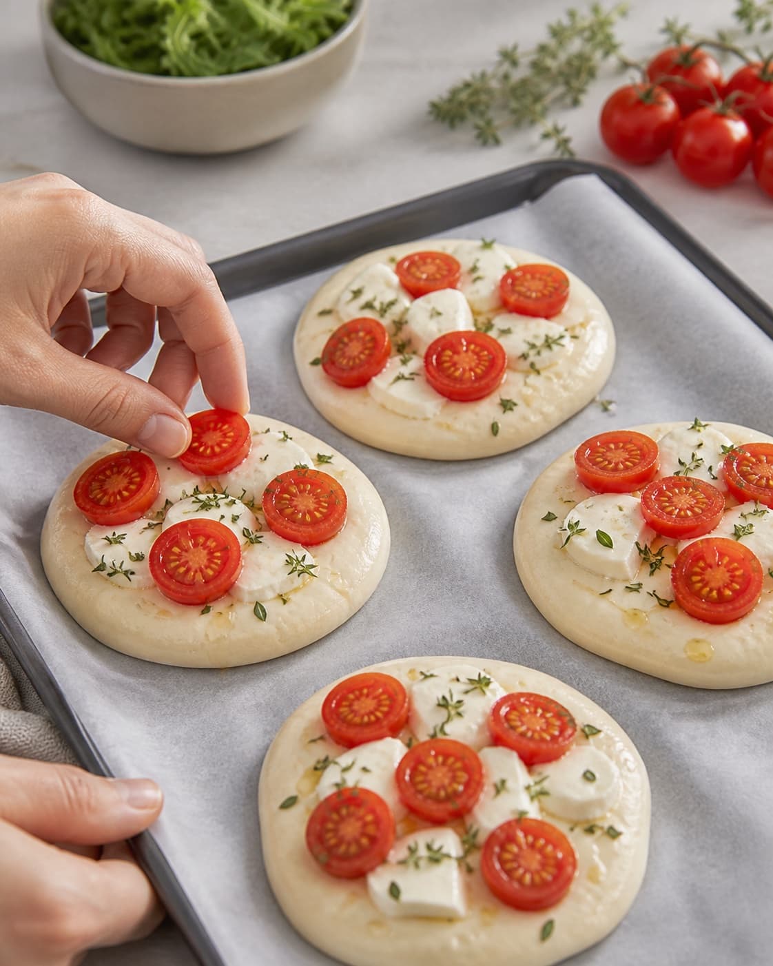 Even pieces of mini foccaciabrød med mozzarella og tomat being shaped before baking under tilberedningen af mini foccaciabrød med mozzarella og tomat