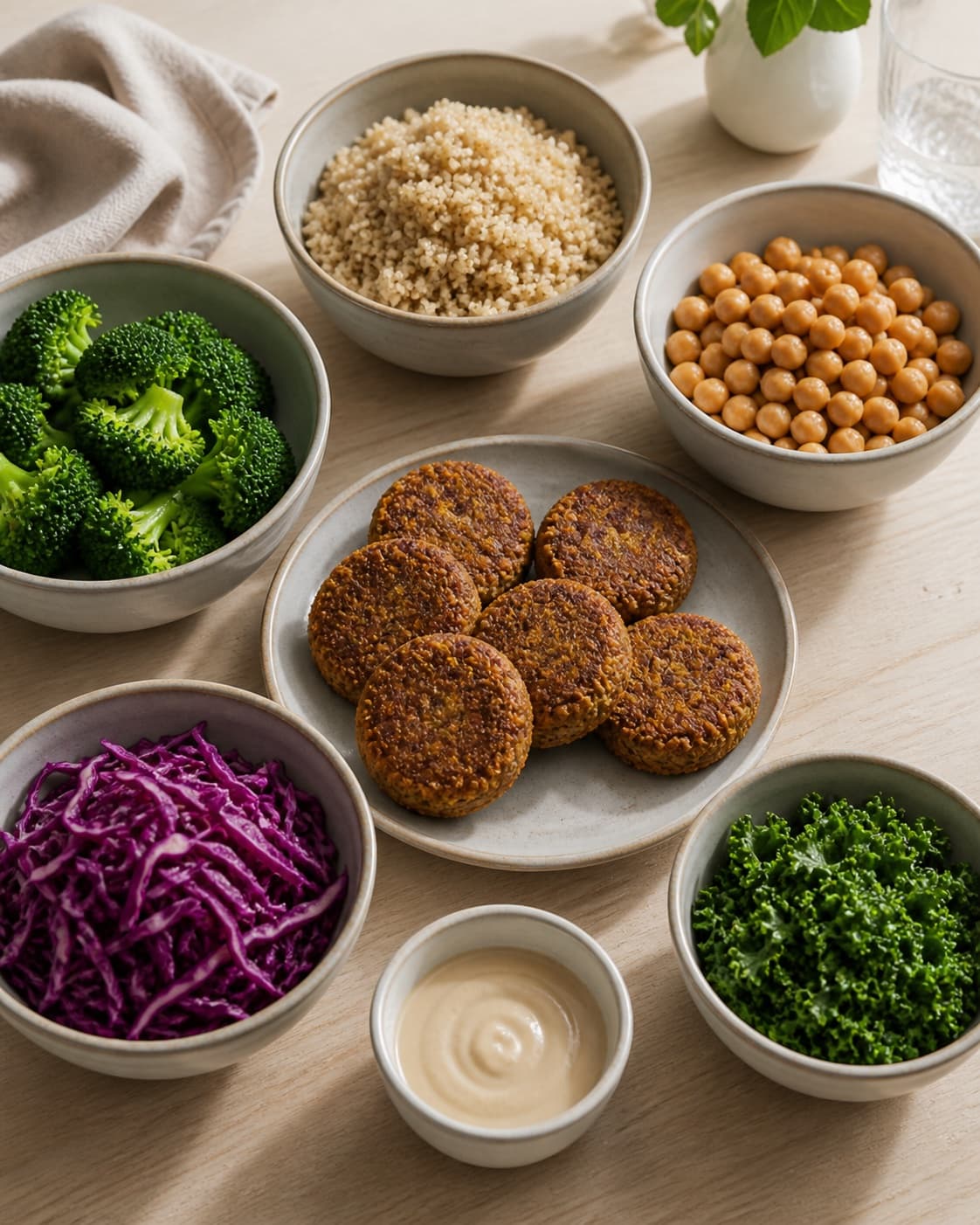 Mise en place for vegetarisk buddha bowl med quinoa og falafel with quinoa, falafler, kogte kikærter, broccoli under tilberedningen af vegetarisk buddha bowl med quinoa og falafel