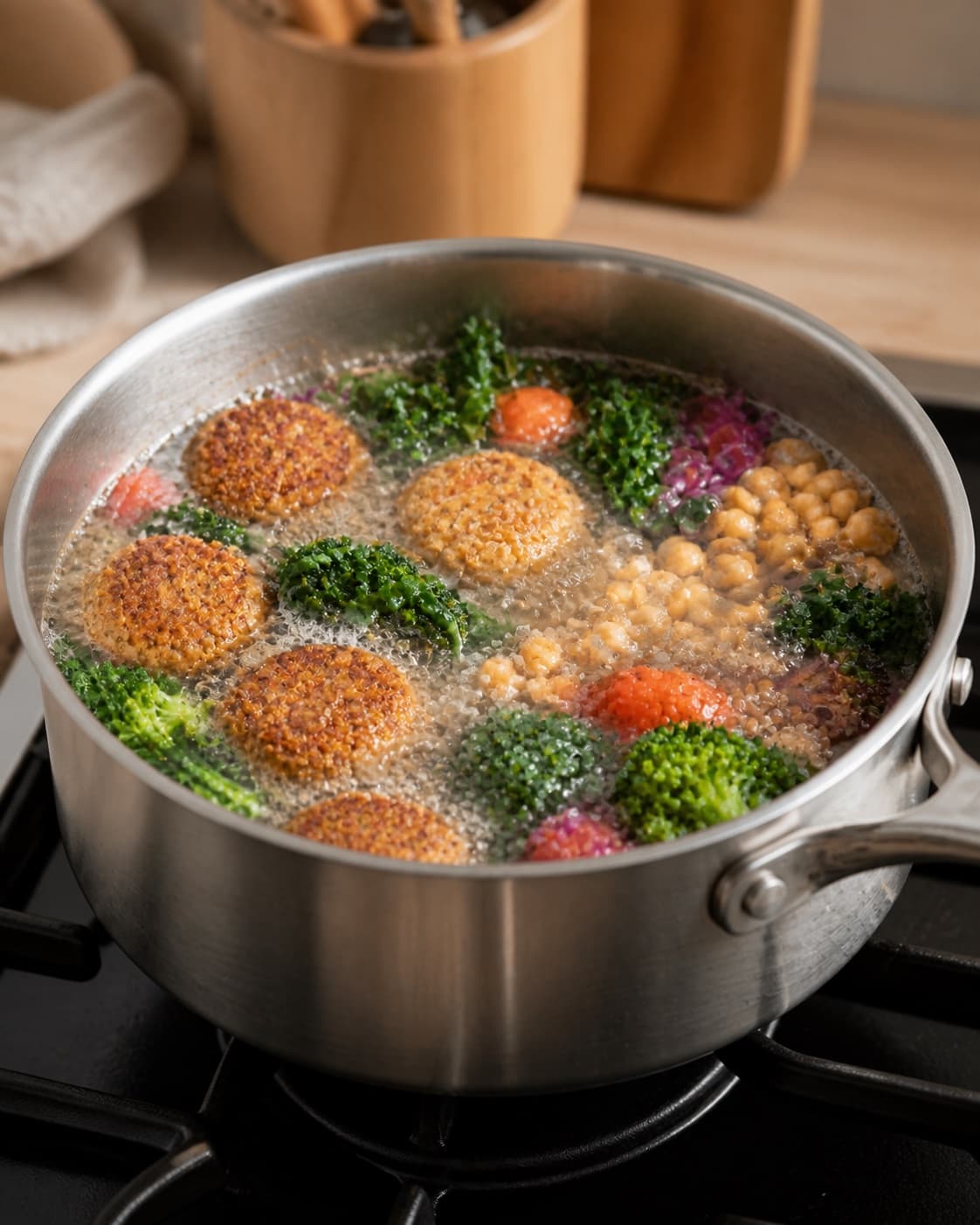 vegetarisk buddha bowl med quinoa og falafel gently simmering with visible ingredients under tilberedningen af vegetarisk buddha bowl med quinoa og falafel