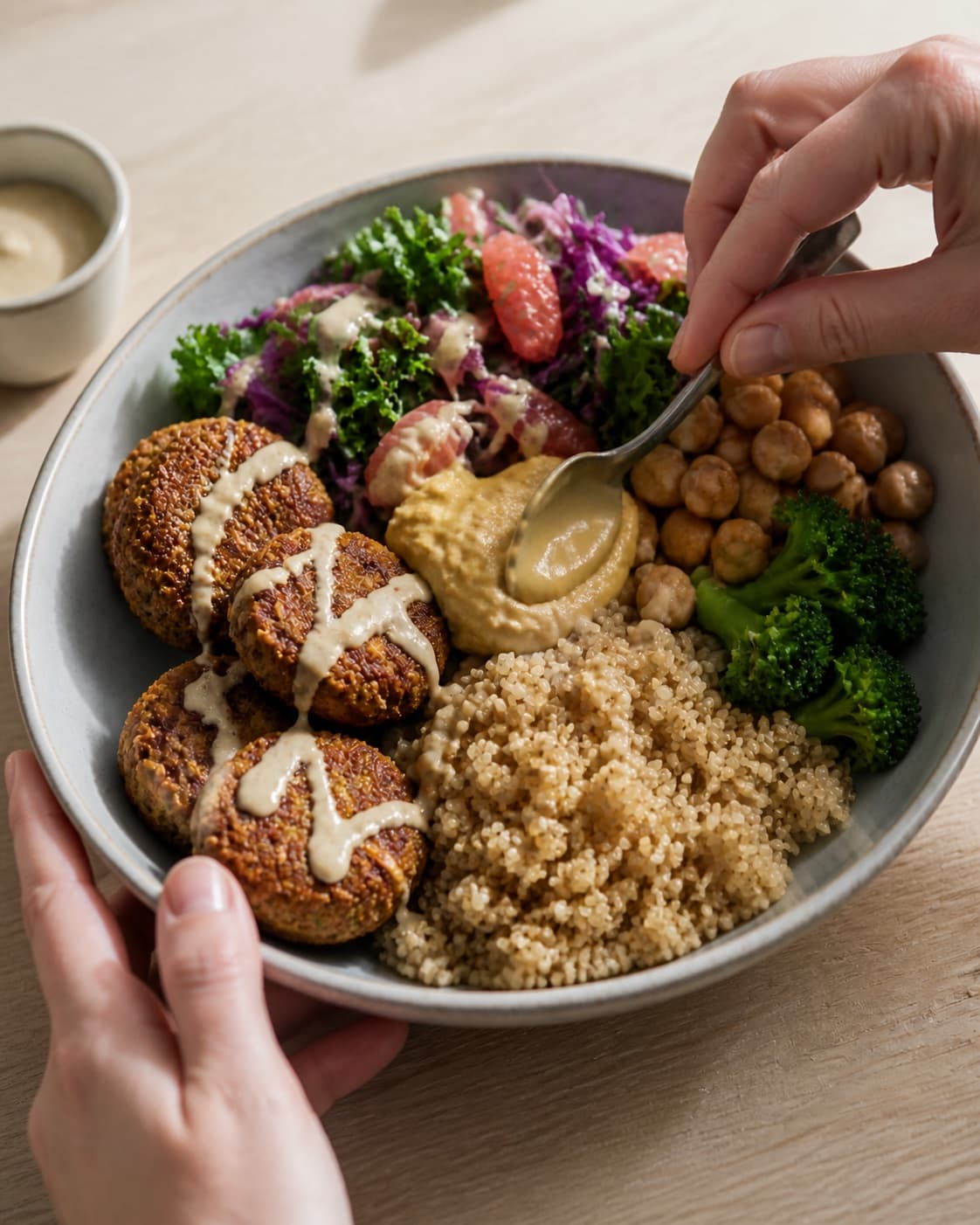 The texture of vegetarisk buddha bowl med quinoa og falafel being adjusted in the pot under tilberedningen af vegetarisk buddha bowl med quinoa og falafel