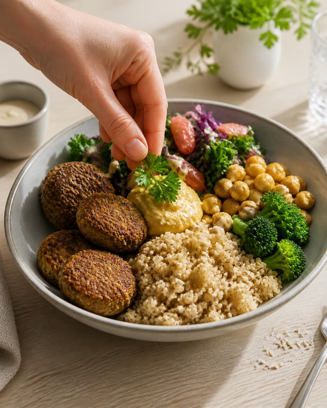 Finished vegetarisk buddha bowl med quinoa og falafel being served with a fresh restrained garnish under tilberedningen af vegetarisk buddha bowl med quinoa og falafel