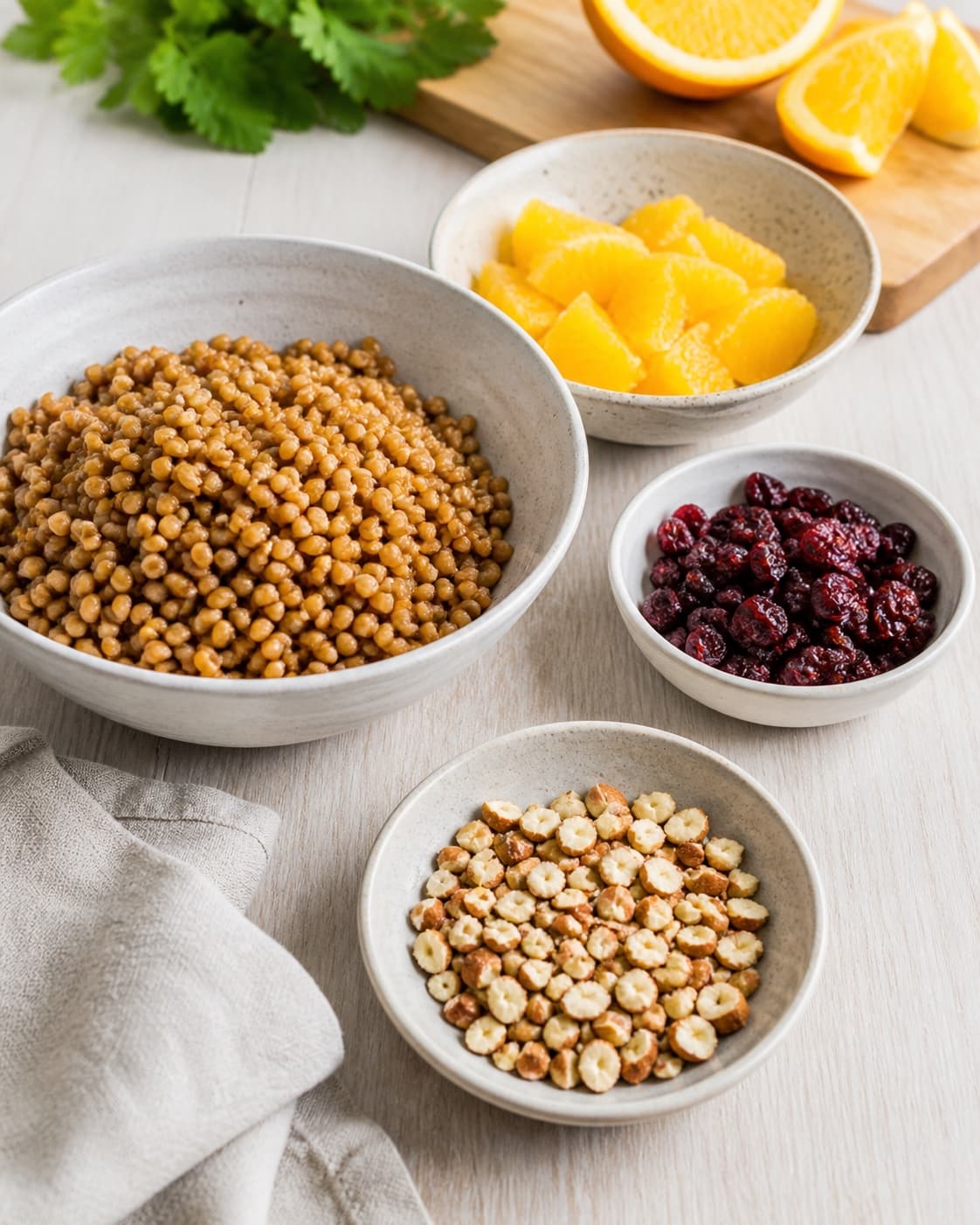 Clean prepared ingredients for speltsalat med appelsin og tørrede tranebær with kogte speltkerner, økologisk appelsin, tørrede tranebær, mandler under tilberedningen af speltsalat med appelsin og tørrede tranebær