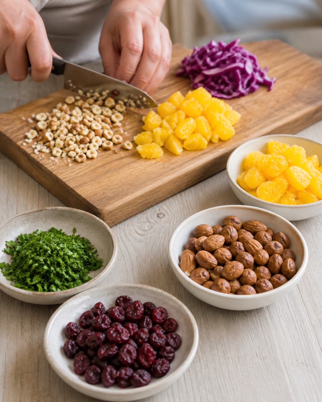 Ingredients for speltsalat med appelsin og tørrede tranebær being cut into even pieces under tilberedningen af speltsalat med appelsin og tørrede tranebær