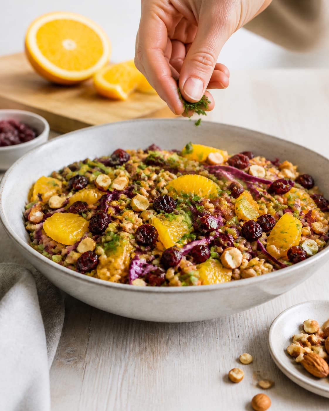 Fresh finished speltsalat med appelsin og tørrede tranebær receiving its final garnish under tilberedningen af speltsalat med appelsin og tørrede tranebær