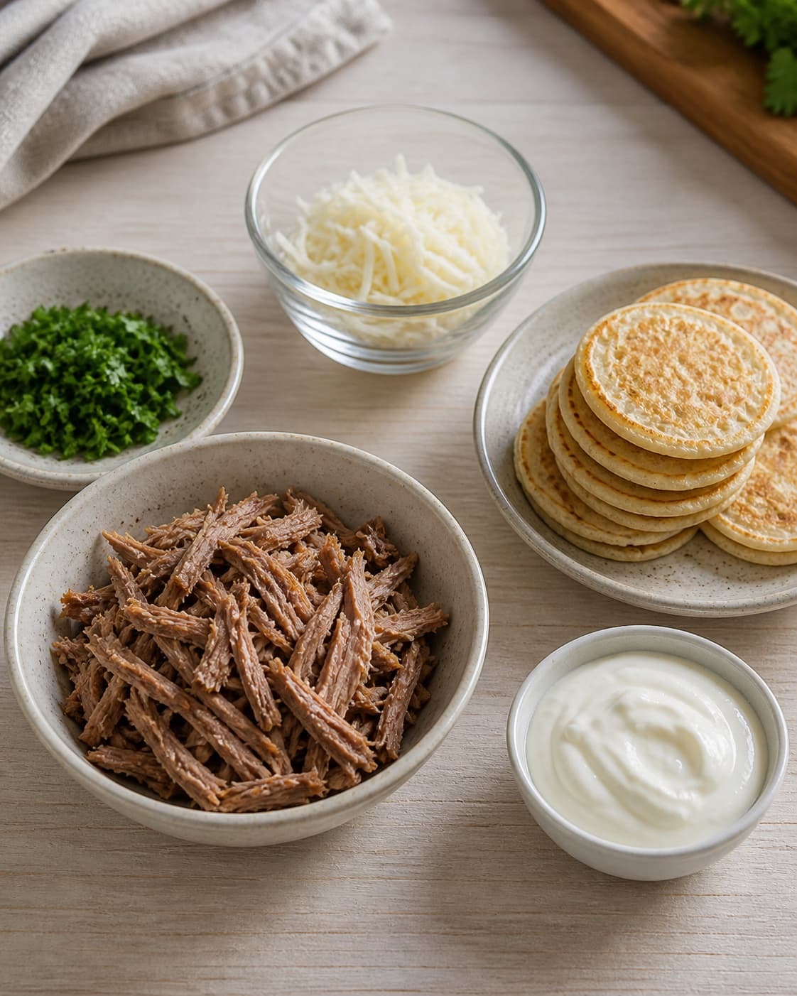 Mise en place for forret med and: blinis med plukket and og peberrod with plukket andekød, blinis, frisk peberrod, creme fraiche under tilberedningen af forret med and: blinis med plukket and og peberrod