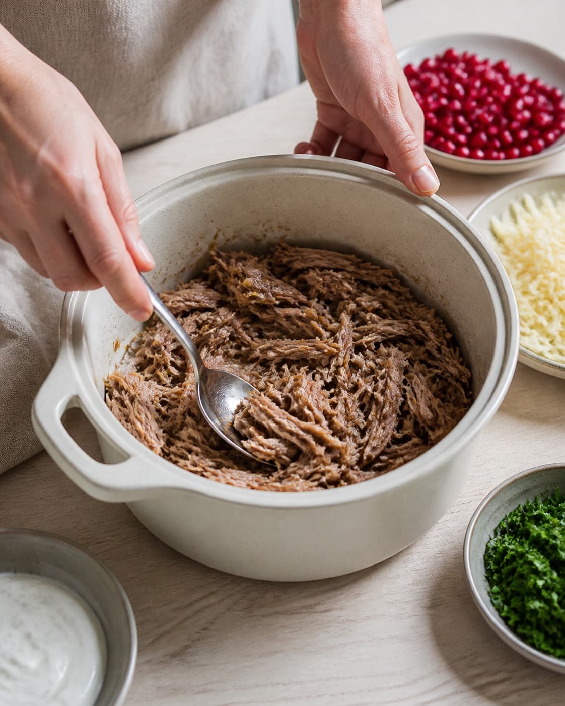 The texture of forret med and: blinis med plukket and og peberrod being adjusted in the pot under tilberedningen af forret med and: blinis med plukket and og peberrod