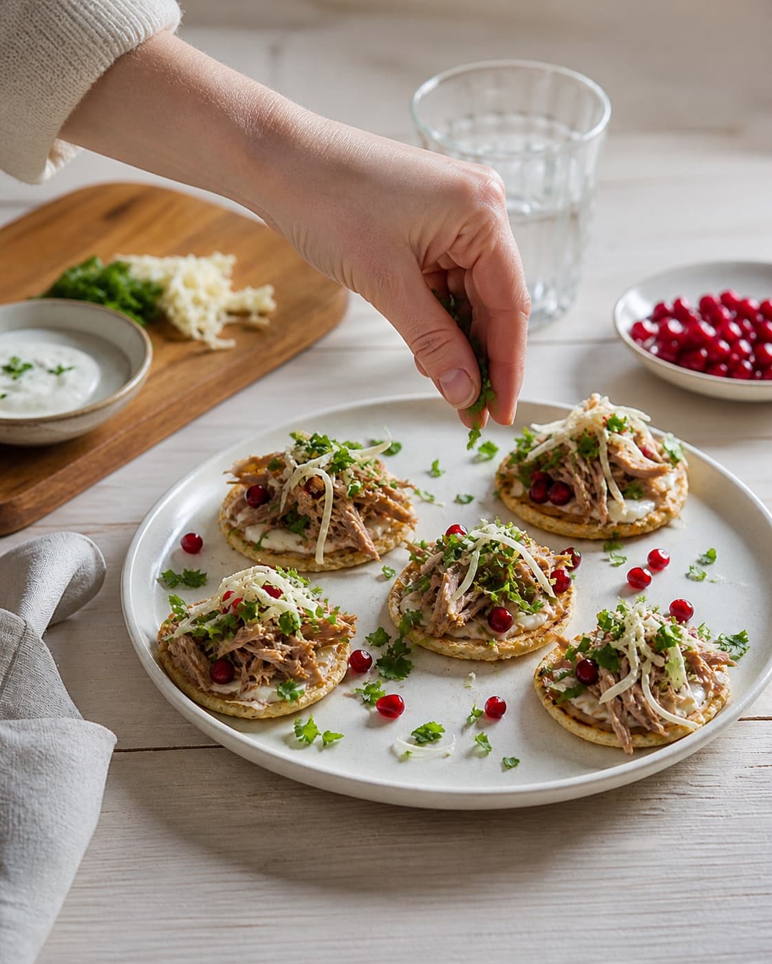 Finished forret med and: blinis med plukket and og peberrod being served with a fresh restrained garnish under tilberedningen af forret med and: blinis med plukket and og peberrod
