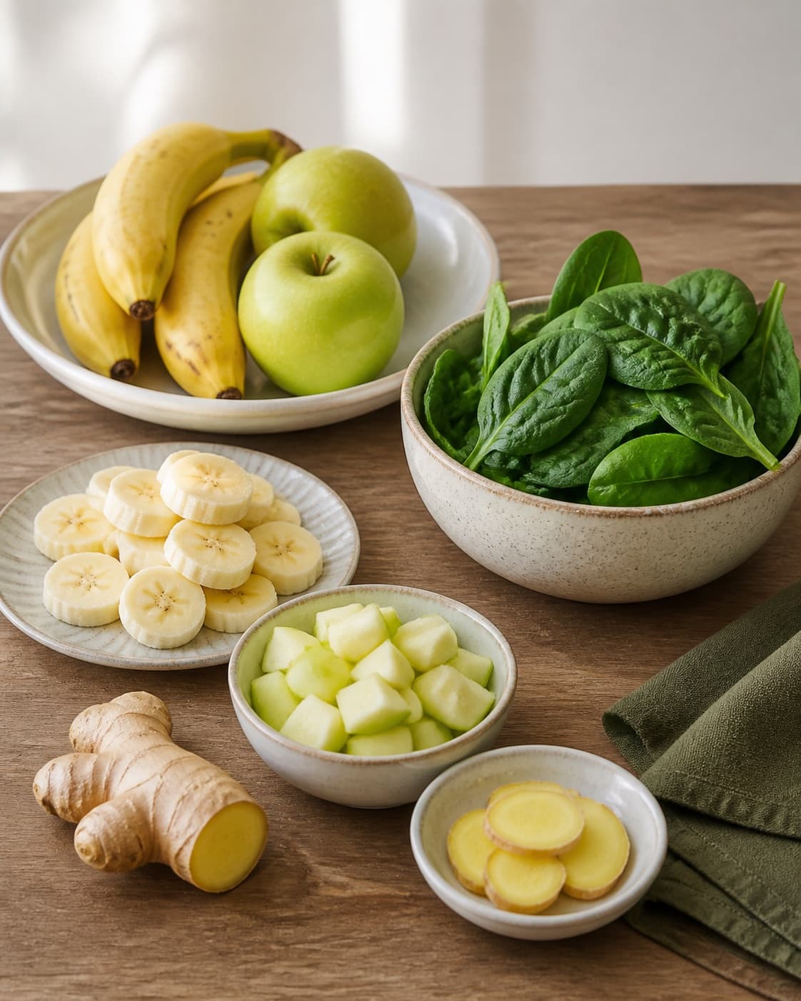Mise en place for grøntsagssmoothie med spinat og ingefær with frisk spinat, frisk ingefær, modne bananer, syrlige æbler under tilberedningen af grøntsagssmoothie med spinat og ingefær