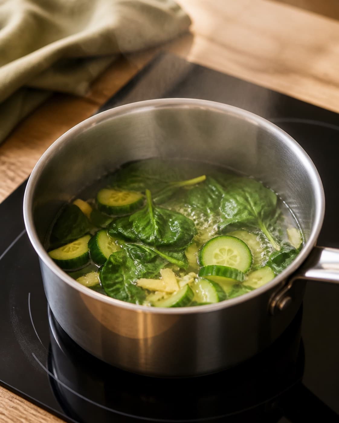 Aromatic base for grøntsagssmoothie med spinat og ingefær gently cooking in a pot under tilberedningen af grøntsagssmoothie med spinat og ingefær