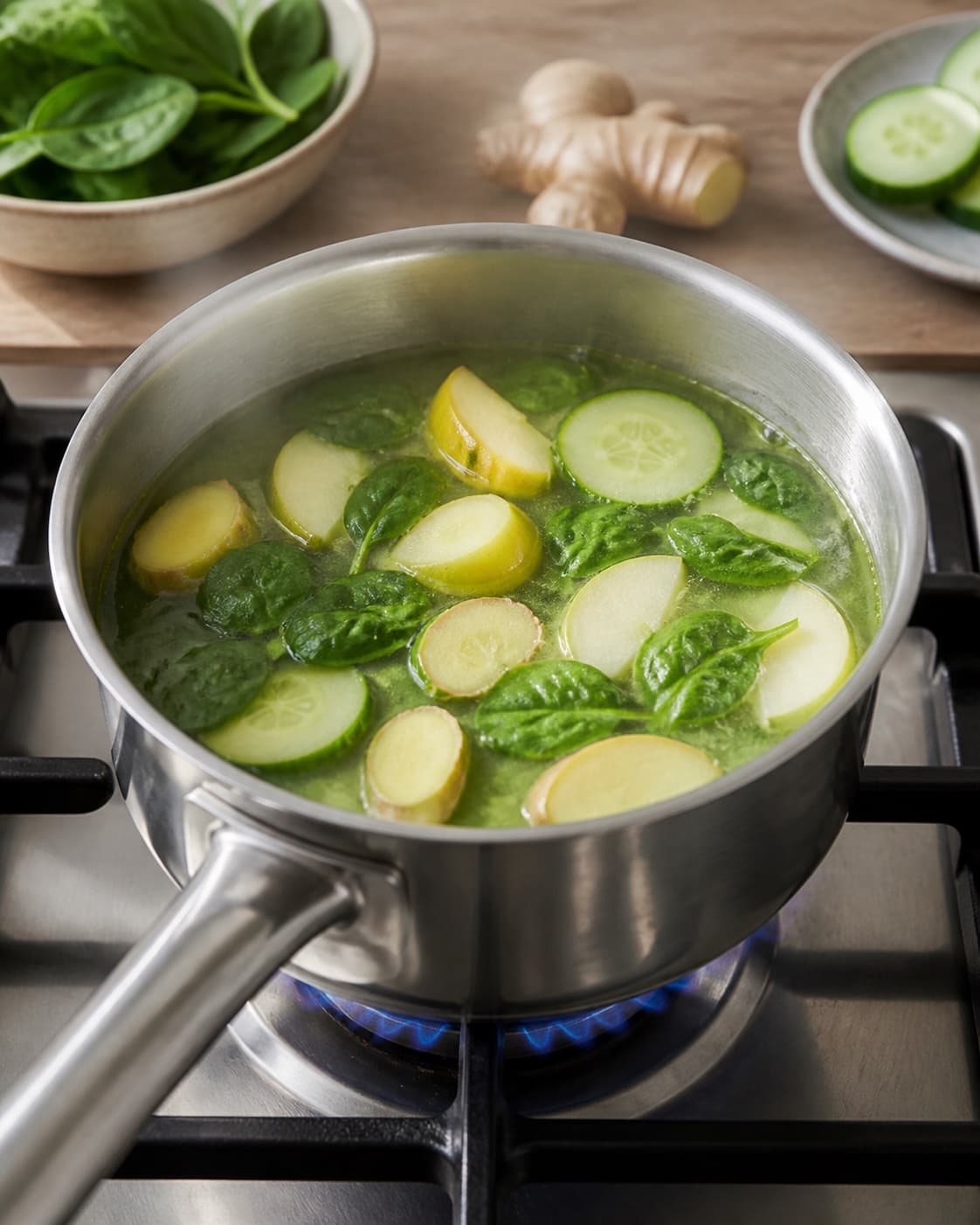grøntsagssmoothie med spinat og ingefær gently simmering with visible ingredients under tilberedningen af grøntsagssmoothie med spinat og ingefær