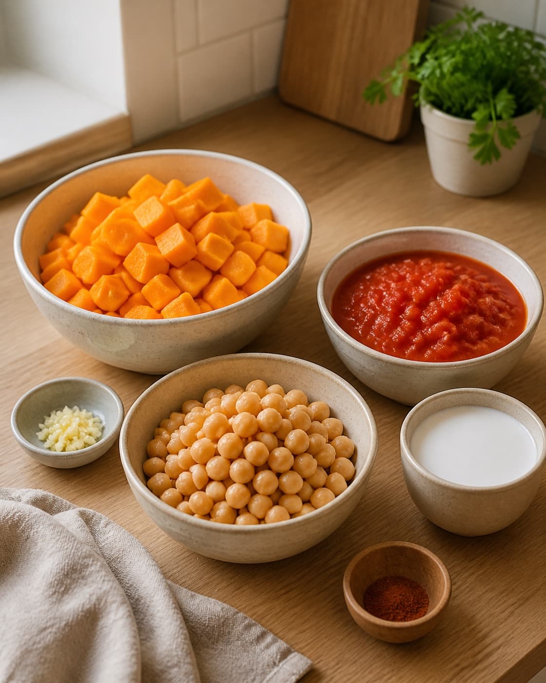 Mise en place for kikærtegryde med græskar with kogte kikærter, butternut squash, kokosmælk, hakkede tomater under tilberedningen af kikærtegryde med græskar
